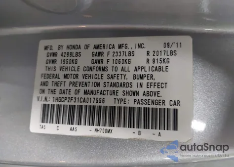 2012 Honda Accord 2.4 Lx z USA, uszkodzony, nr VIN 1HGCP2F31CA017556